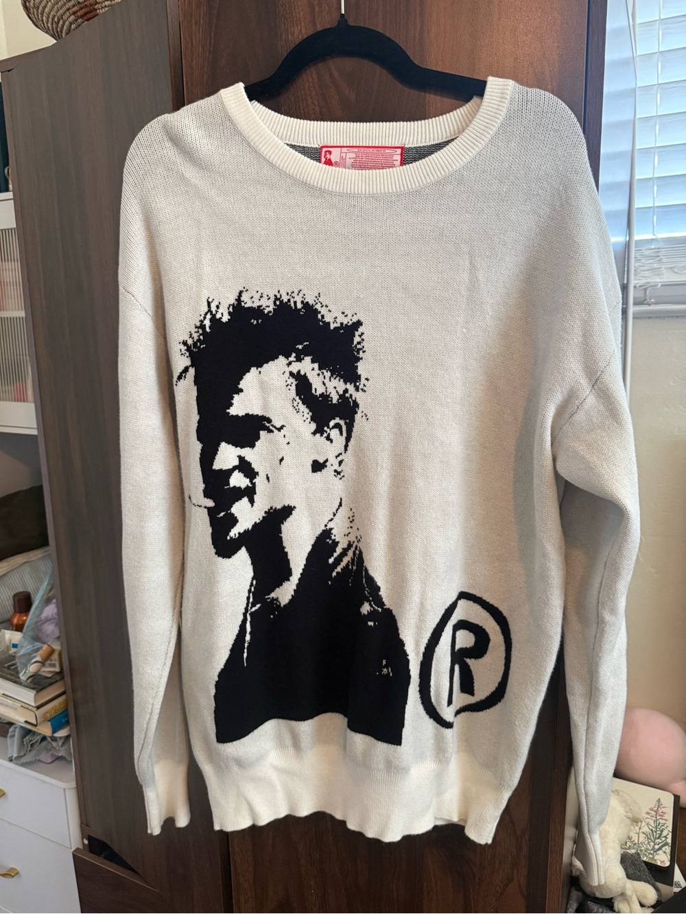 Cream Crewneck Sweater with Black Portrait Graphic